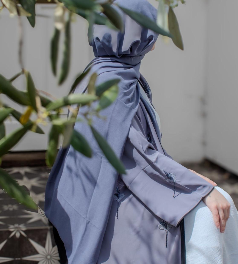Hiba Abaya Grey Embellishments Front and Sleeves
