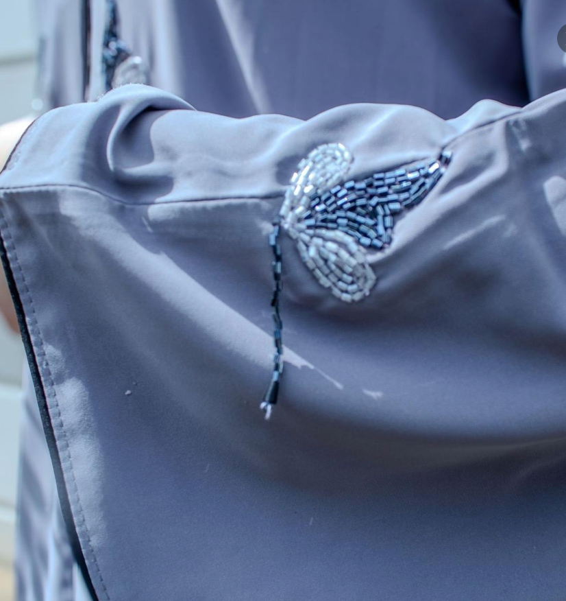 Hiba Abaya Grey Embellishments Front and Sleeves
