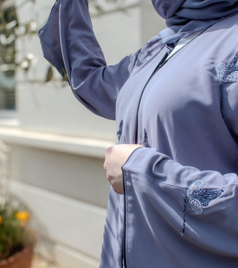 Hiba Abaya Grey Embellishments Front and Sleeves