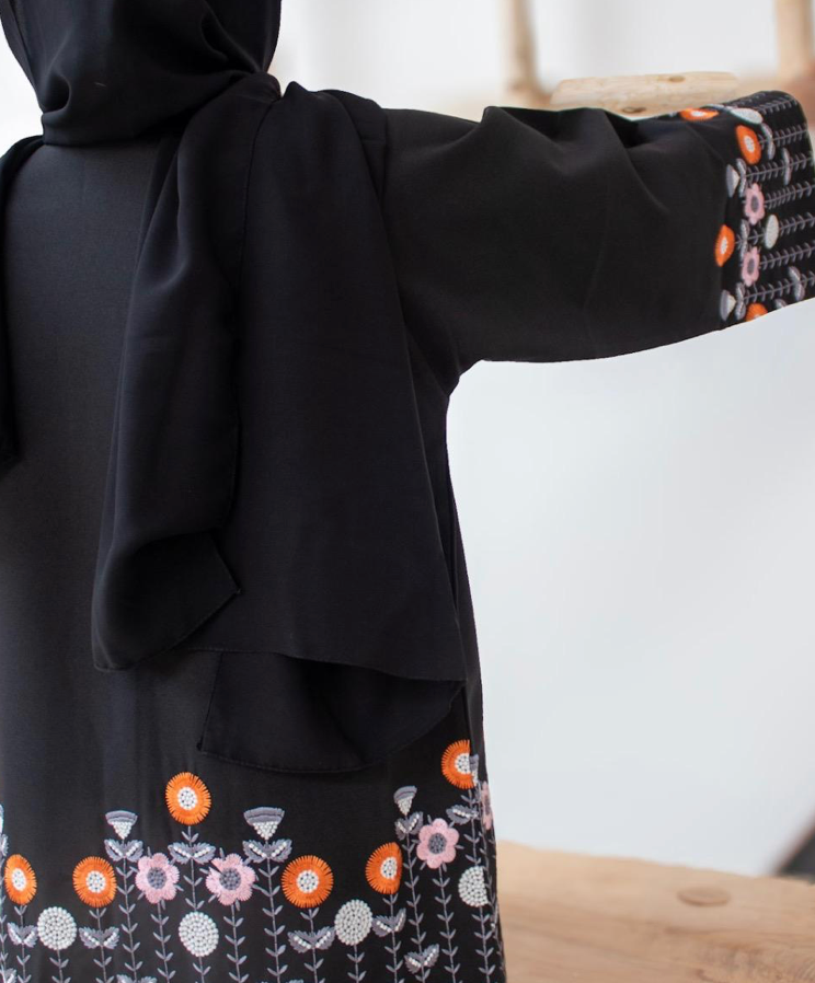Black Flower Embroidery Open Abaya