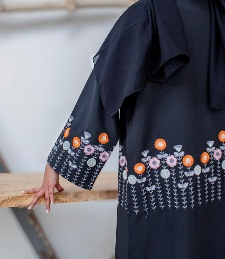 Black Flower Embroidery Open Abaya