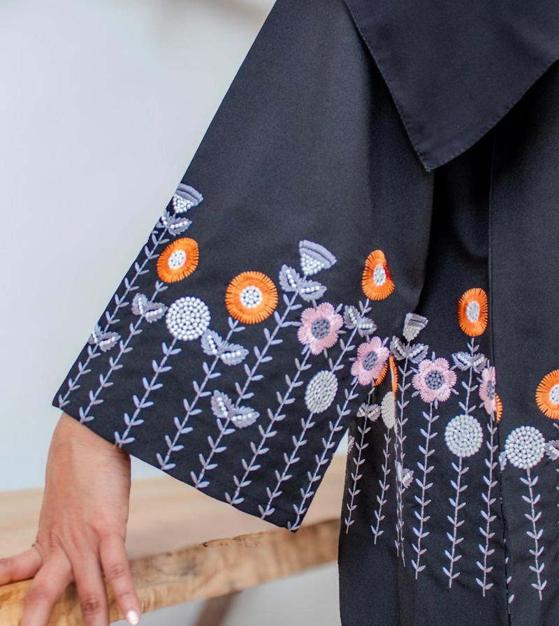 Black Flower Embroidery Open Abaya