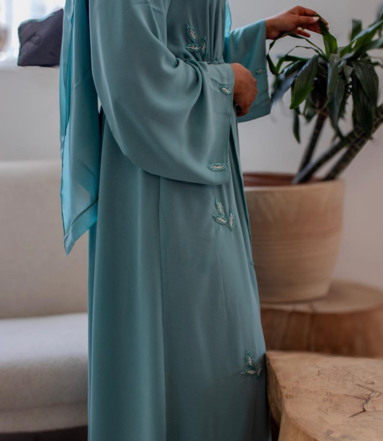 Turquoise Chiffon Abaya 3 Piece Set Embellishments