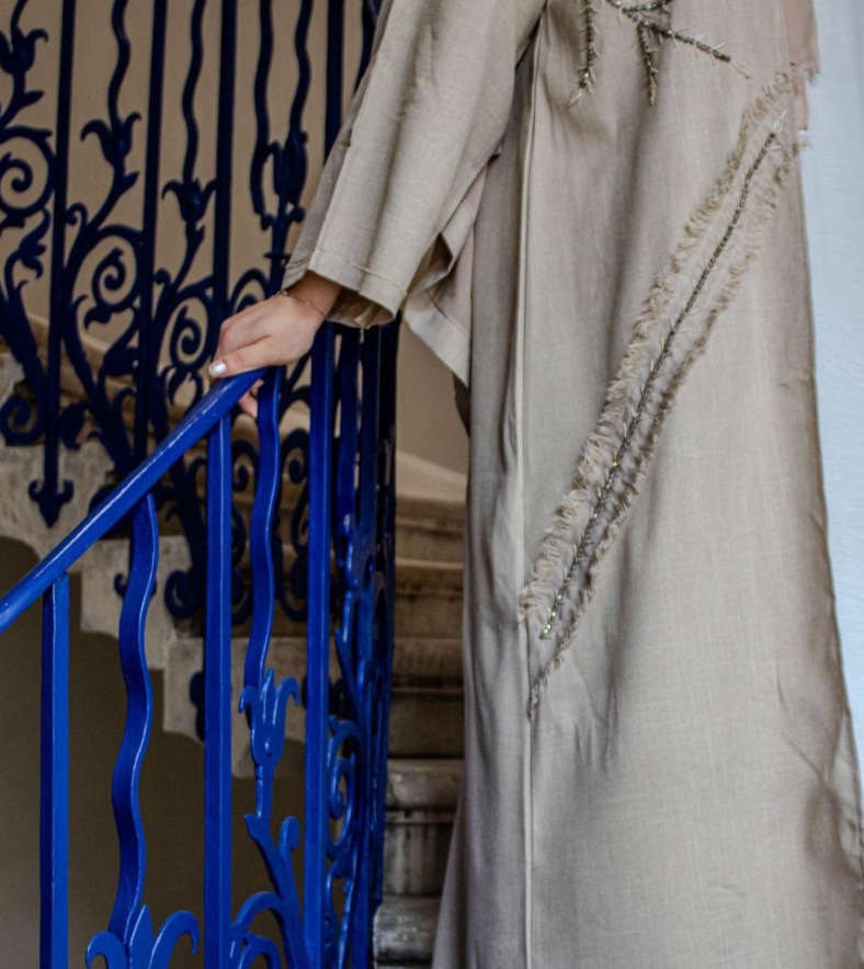 Noona Open Abaya Linen Embellishments Front