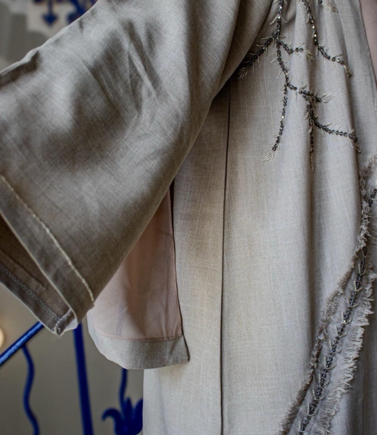 Noona Open Abaya Linen Embellishments Front
