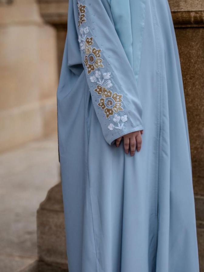 Thameen Abaya Blue Butterfly Flower Embellishments Shoulders