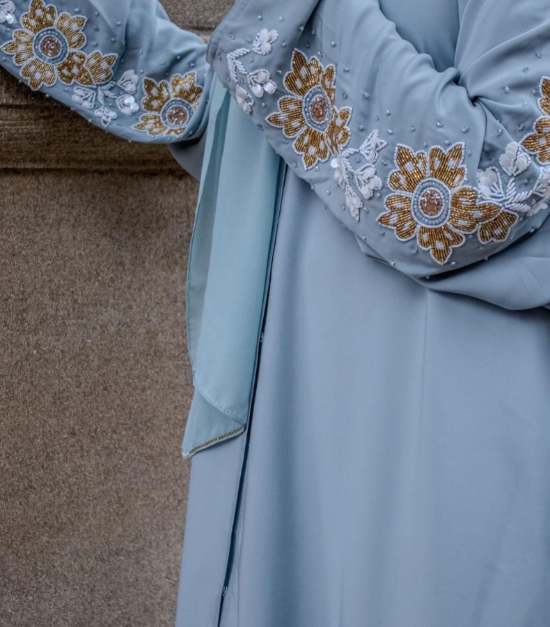 Thameen Abaya Blue Butterfly Flower Embellishments Shoulders
