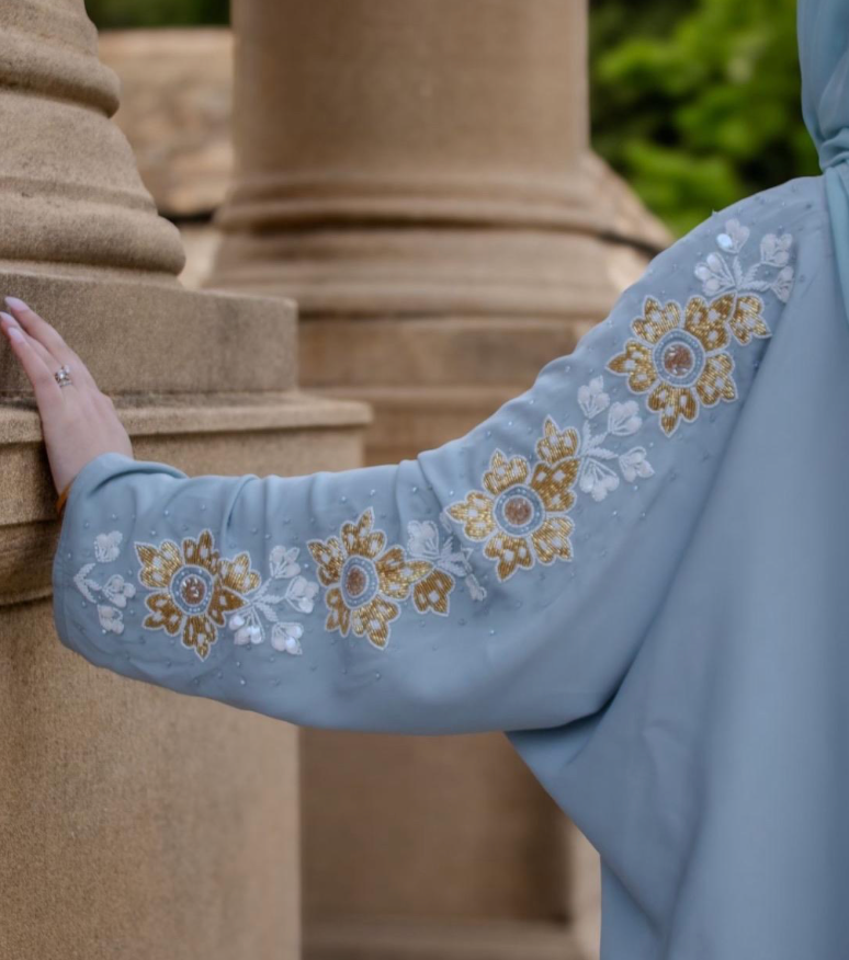 Thameen Abaya Blue Butterfly Flower Embellishments Shoulders