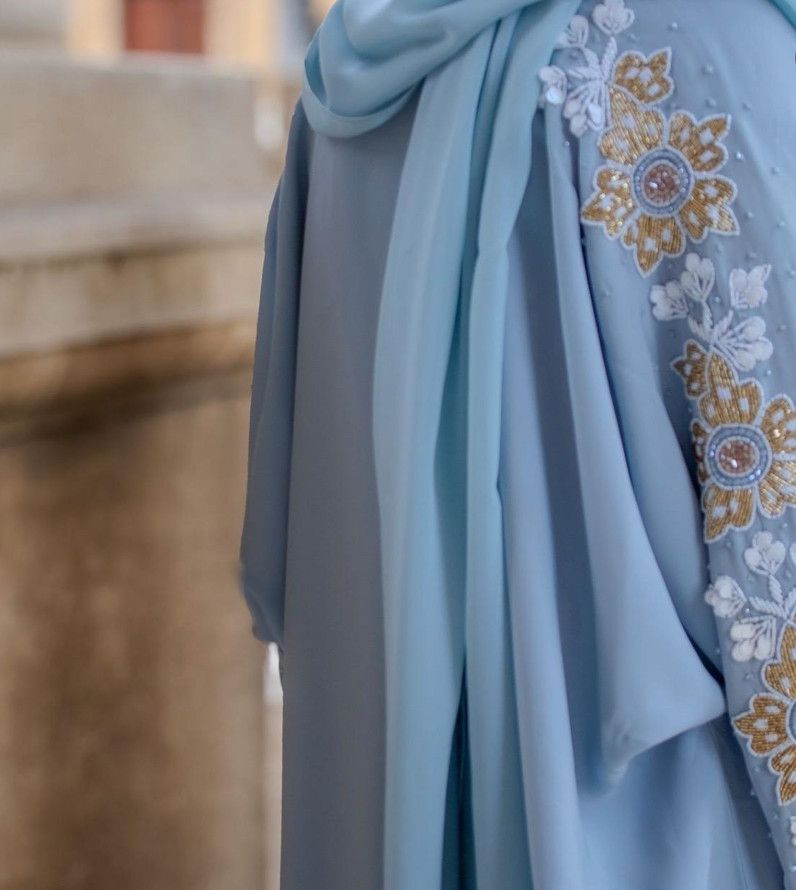 Thameen Abaya Blue Butterfly Flower Embellishments Shoulders