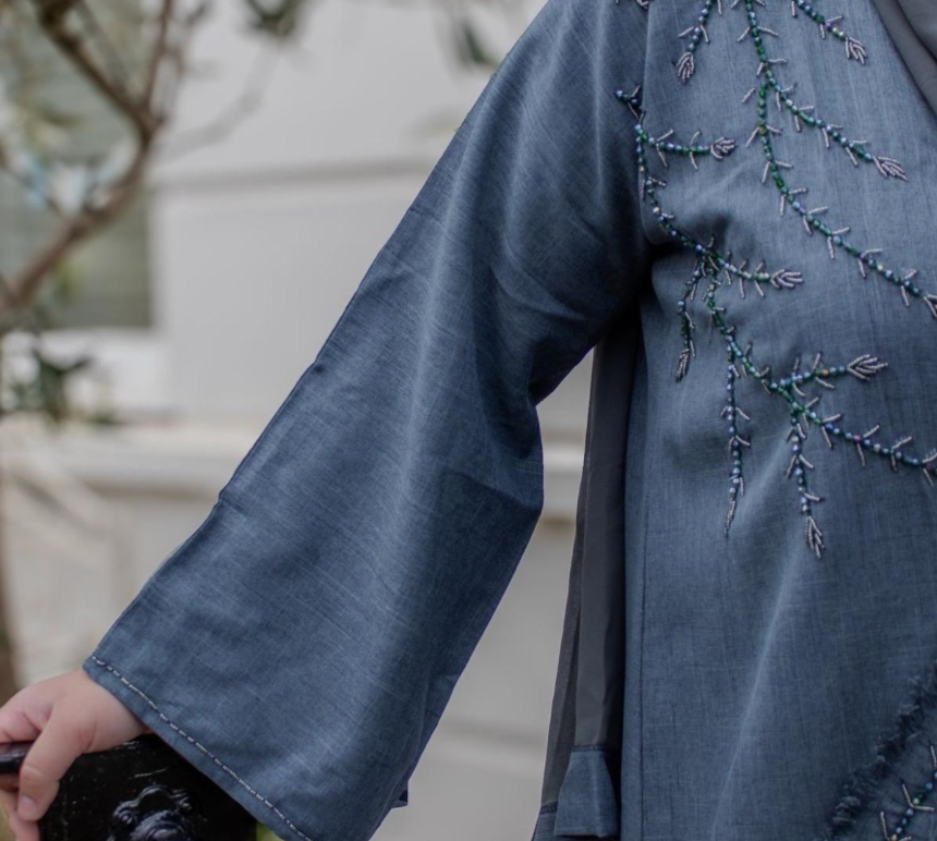 Noona Abaya Linen Grey Embellishments Sleeves