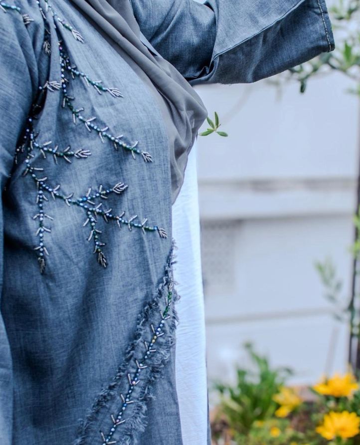 Noona Abaya Linen Grey Embellishments Sleeves