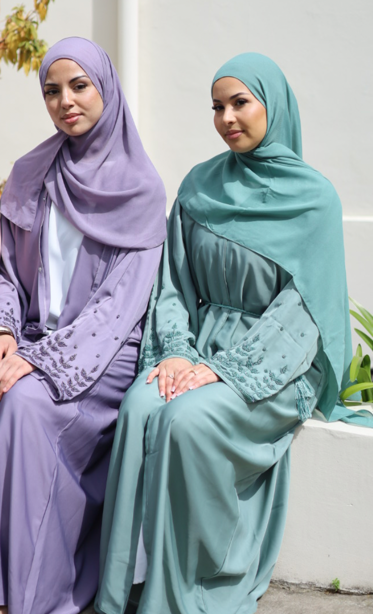 3 Piece Embellishments Abaya with Belt and Hijab Black/Grey/Pink/Chocolate Brown