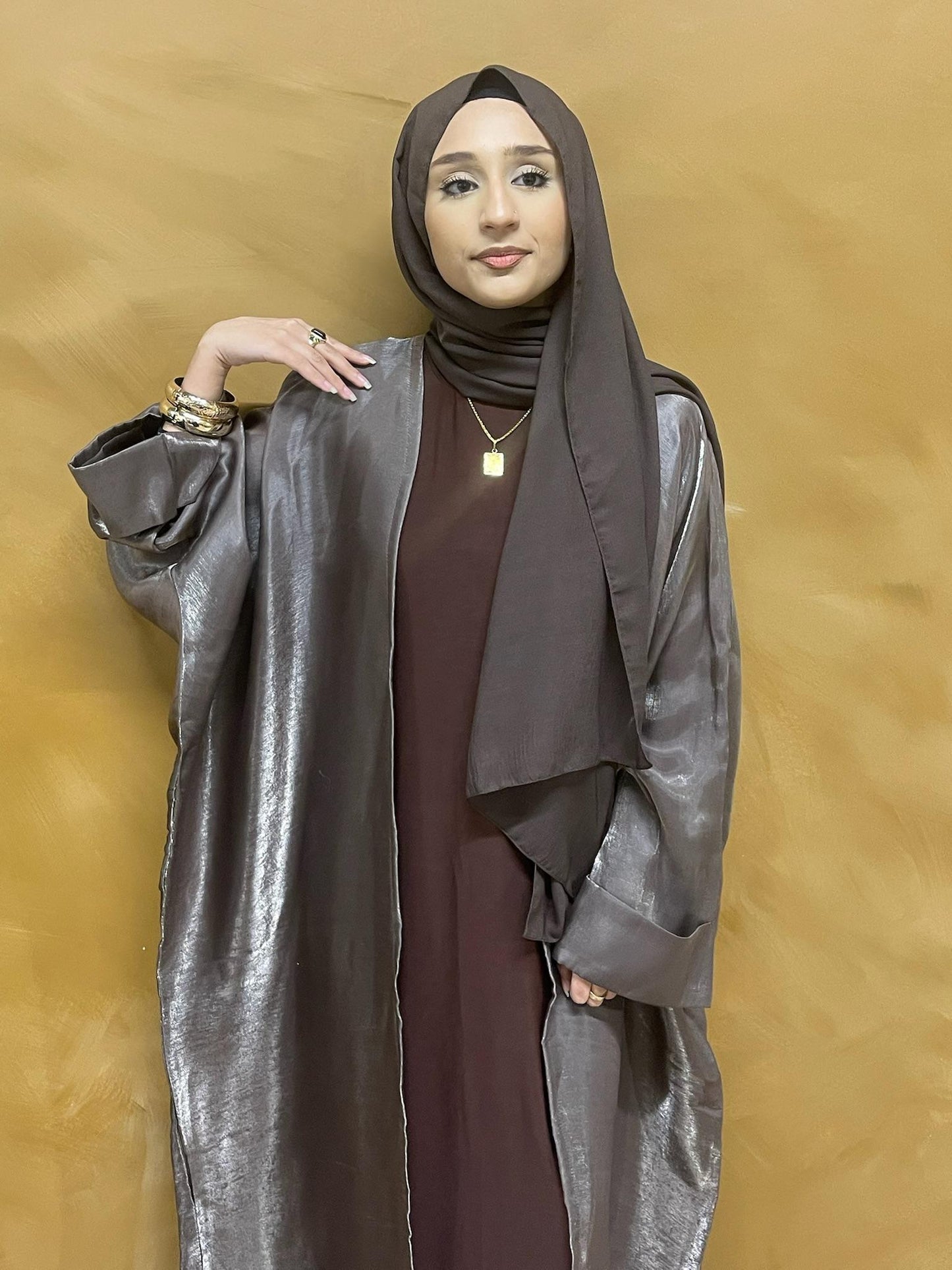 Silky Open Batwing Glitter Chestnut Abaya with Hijab